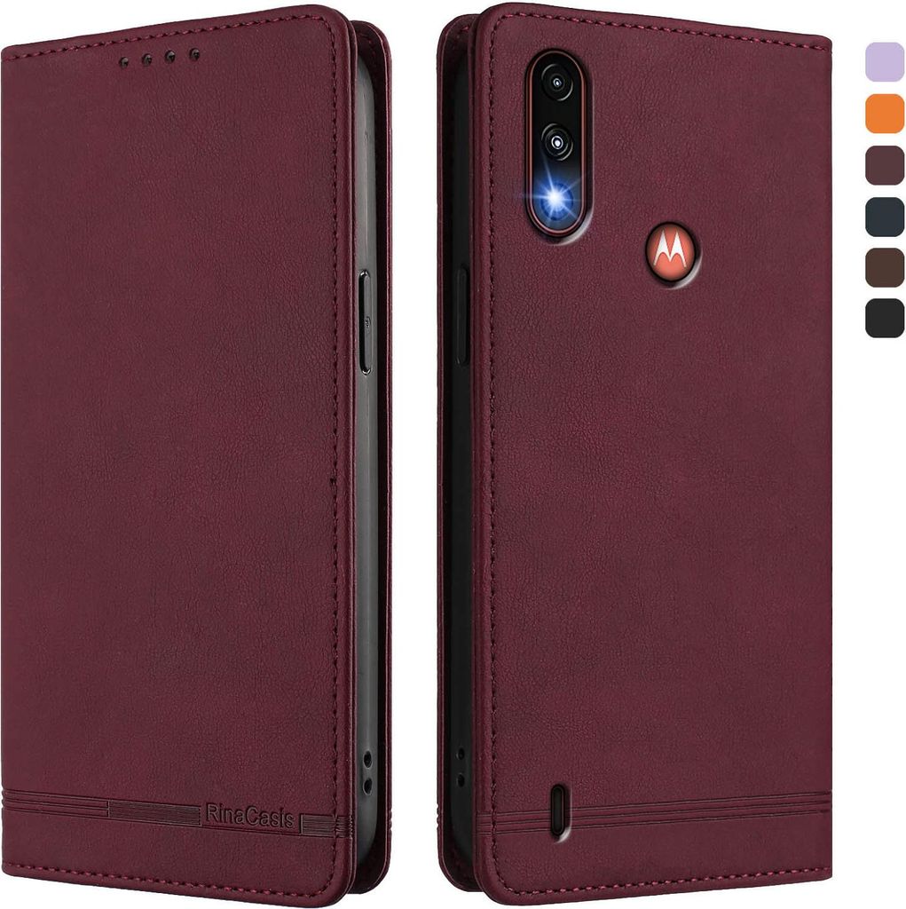 Hülle für Motorola Moto E7 Power, Retro Kunstleder Ständer Klapphülle mit Kartenfächer und Magnetische Rot