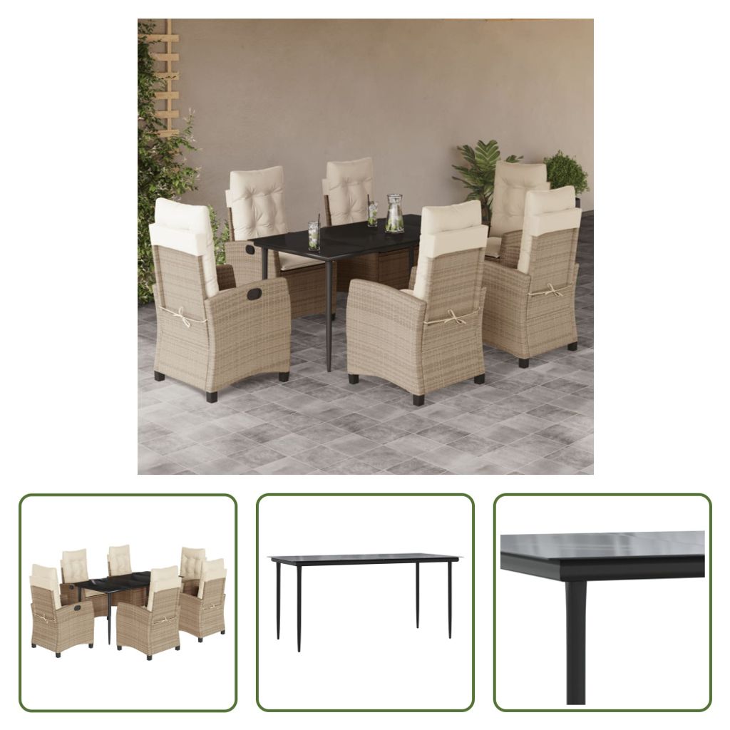The Living Store 7-tlg. Garten-Essgruppe mit Kissen Beige Poly Rattan