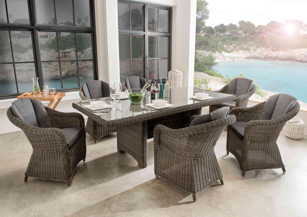 Destiny Sitzgruppe MALAGA LUNA 6 Sessel + Tisch 200x100x75cm, vintage grau