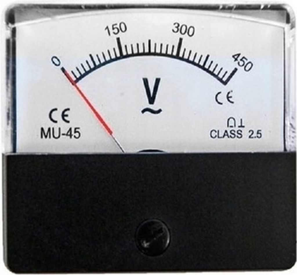 A close-up view of an analog voltmeter with a black base.