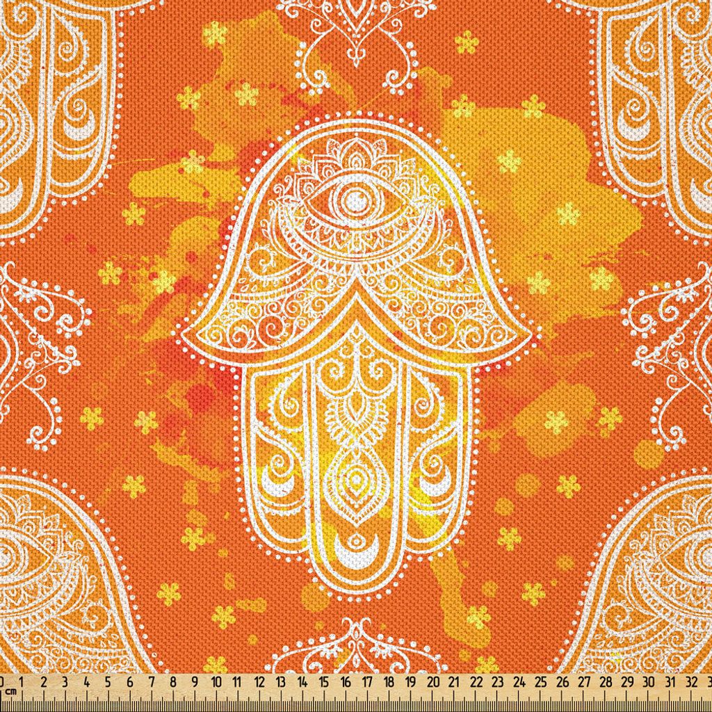 ABAKUHAUS orientalisch Satin Stoff als Meterware, Henna Hand Motiv spirituelle mystische Symbol alten arabischen Hippie Oriental, 10 M (148 x 1000 ...