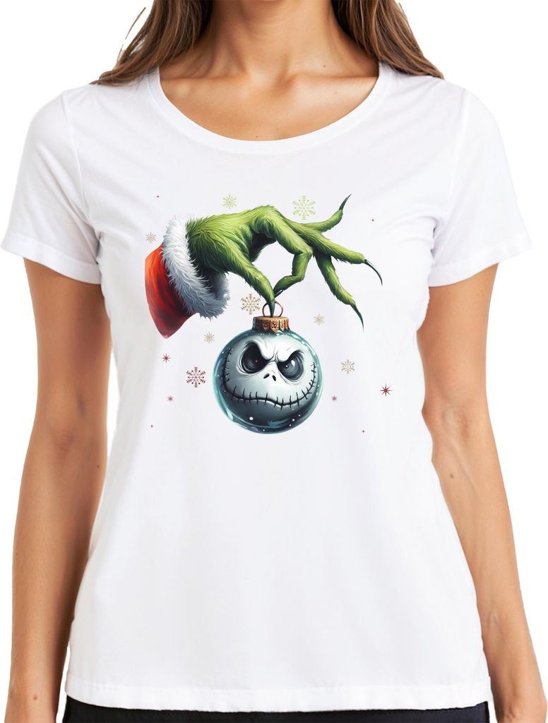 Grinch Hand Jack Skellington Weihnachtskugel düster Retro Damen T-Shirt, Weiß, XL