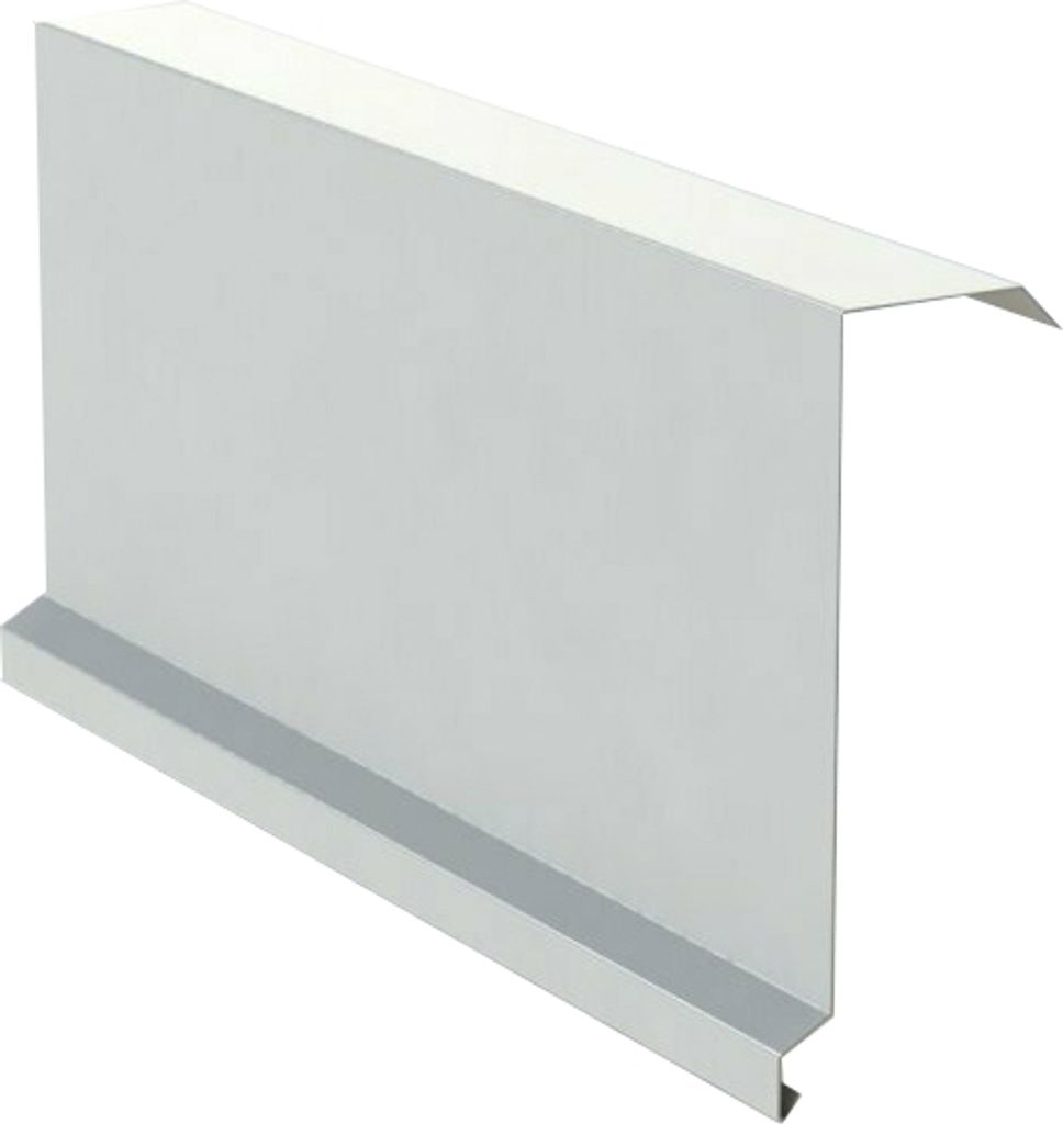 A white metal building component, likely for roofing or siding, is shown against a white background.