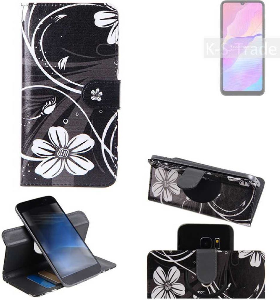 K-S-Trade Schutzhülle Handyhülle kompatibel mit Huawei Enjoy 20e Hülle 360° Wallet Case ''Flowers'' Klapphülle Hülle schwarz-weiß 1x
