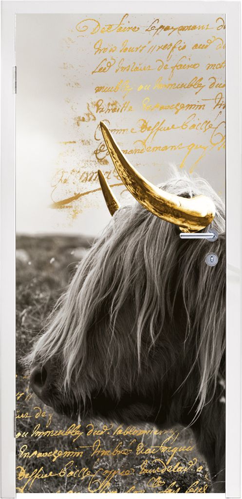 MuchoWow Türtapete Selbstklebende Türfolie Schottischer Highlander - Gold - Hoorn 90x235 cm Türposter Türaufkleber Klebefolie Türklebefolie ...
