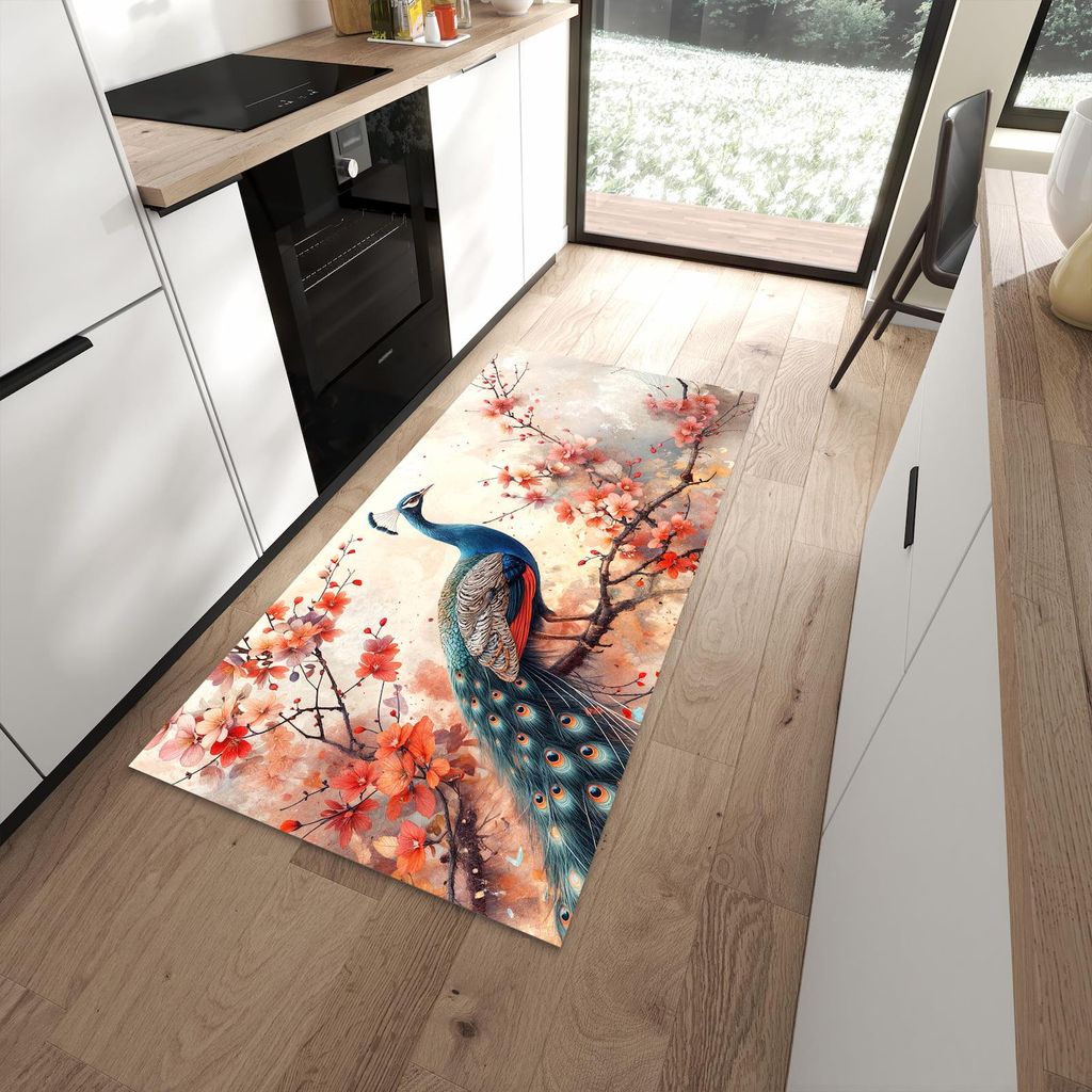 Küchenteppich 90x180cm rutschfest & abwischbar PVC Läufer - Pfau und Blüten