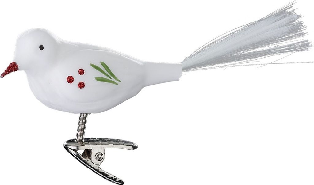 Christbaumschmuck Glas Vogel mit Schweif auf Clip 8,5cm Weiß