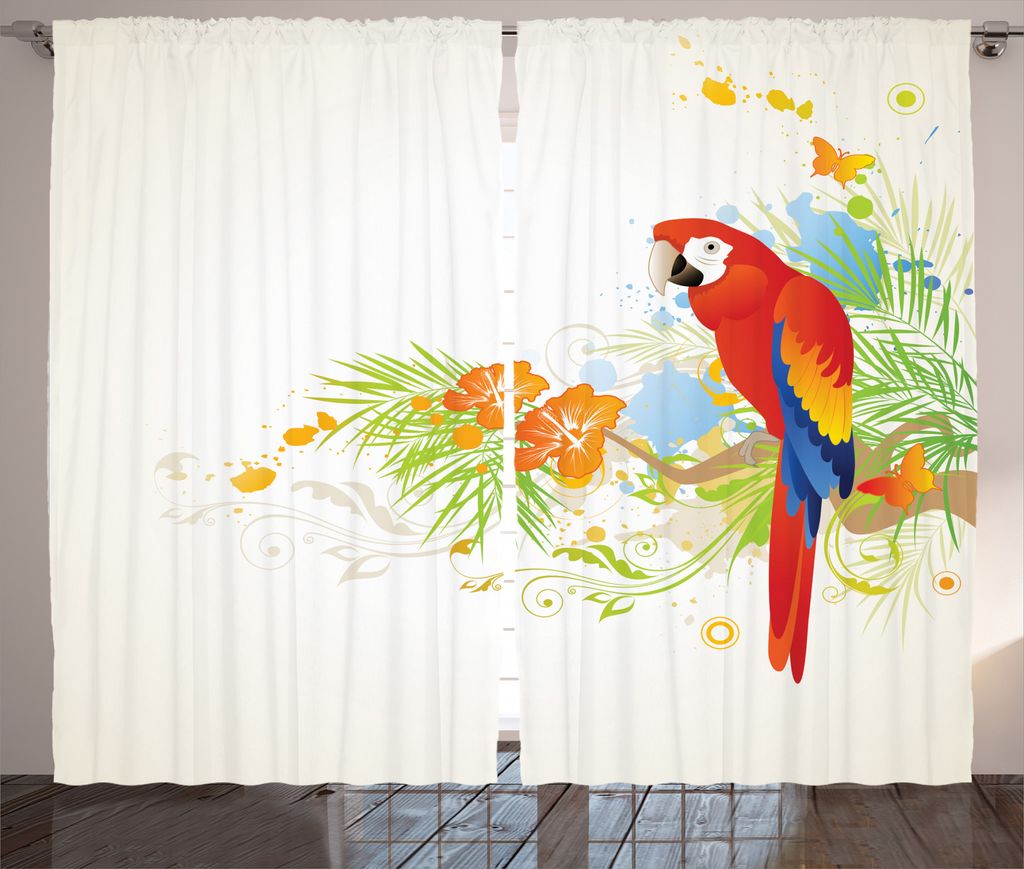 ABAKUHAUS Sommer Rustikaler Vorhang, Parrot Baum Ast Flora, Wohnzimmer Universalband Gardinen mit Schlaufen und Haken, 280 x 175 cm, Creme Rot Grün