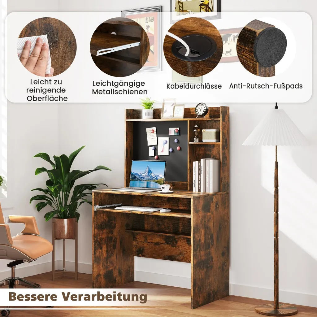 Bureau gain de place marron : tableau magnétique et support clavier LCD