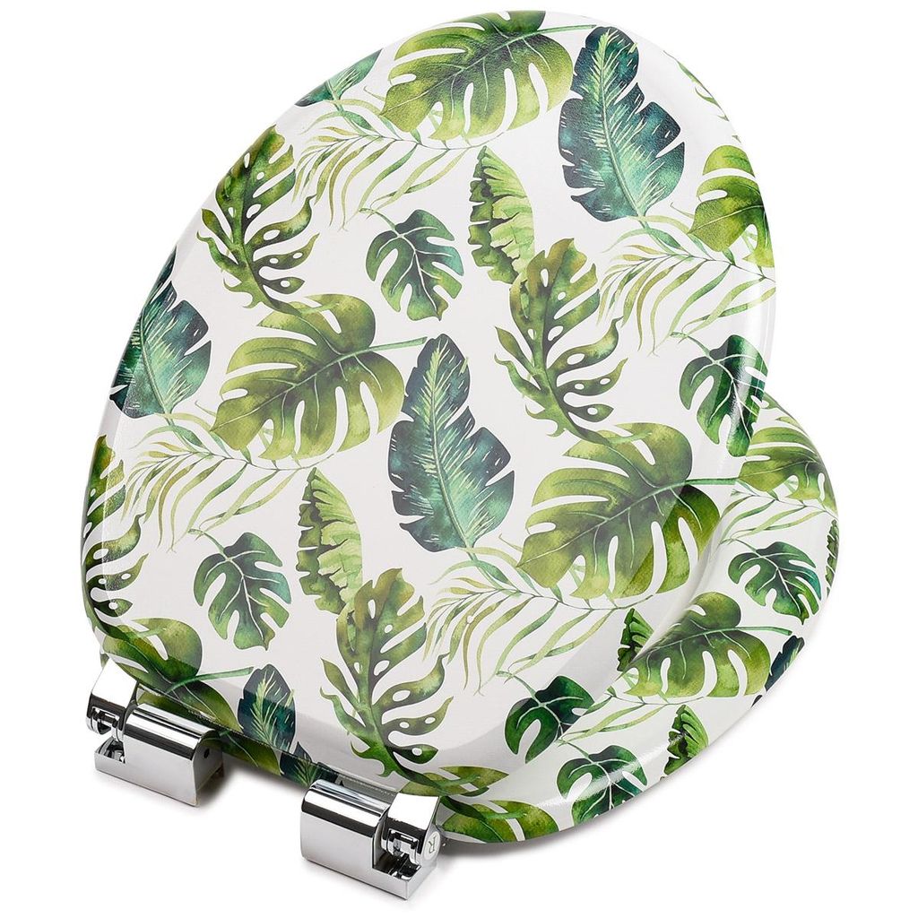 A toilet seat with a tropical leaf pattern on a white background.
