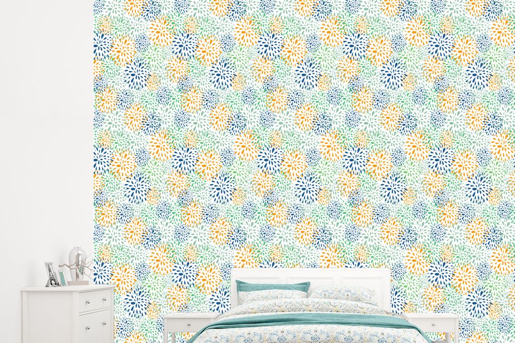 MuchoWow Fototapete für Wohnzimmer oder Schlafzimmer Wandtapete Vinyl Motivtapete Feuerwerk - Blumen - Regenbogen - Muster - 245x220 cm - Gemustert