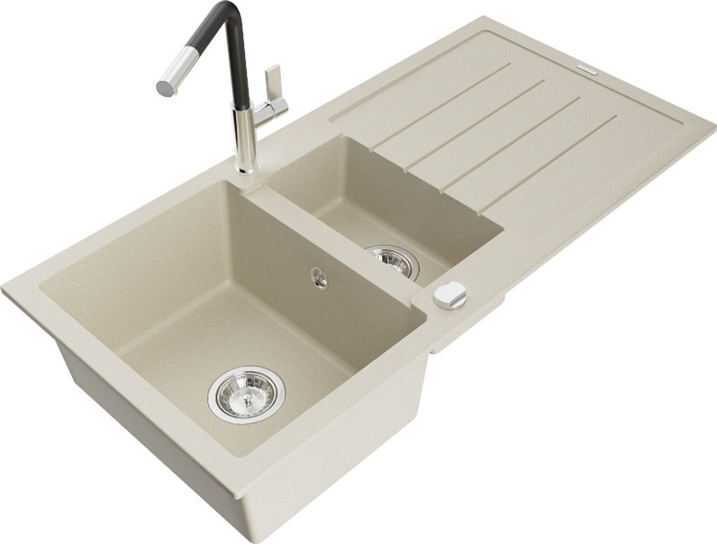 Mexen Andres 1,5-Becken-Granitspüle mit Abtropffläche und Mischbatterie Flora, Beige - 6515-69-670401-07