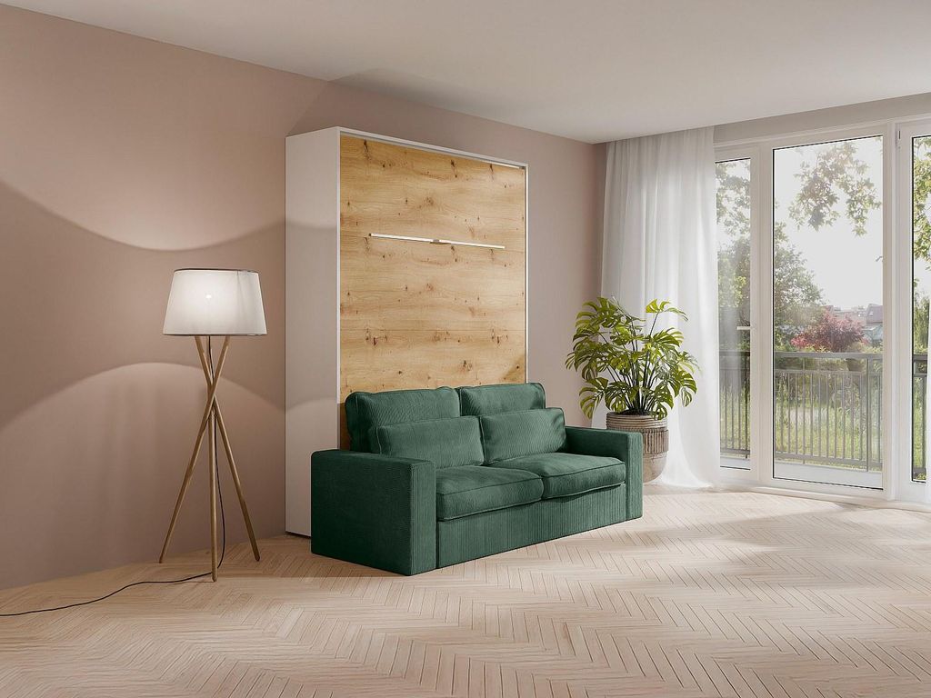 Schrankbett 160 x 200 cm - Manuelles vertikales Öffnungssystem - Mit LEDs - Weiß und Natur + Grünes Sofa - RAPILI