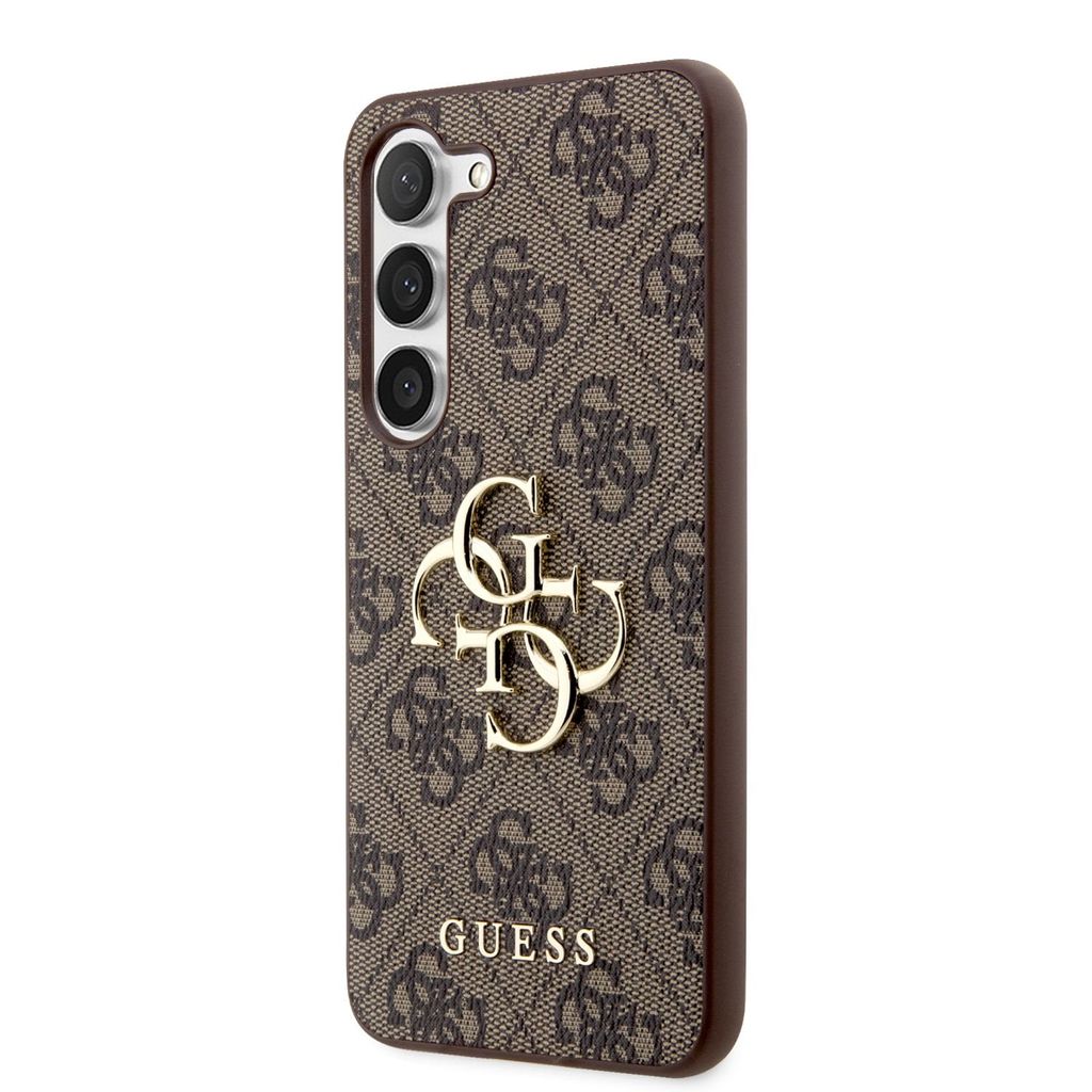 A brown phone case with a repeating Guess logo pattern and a prominent gold Guess logo.
