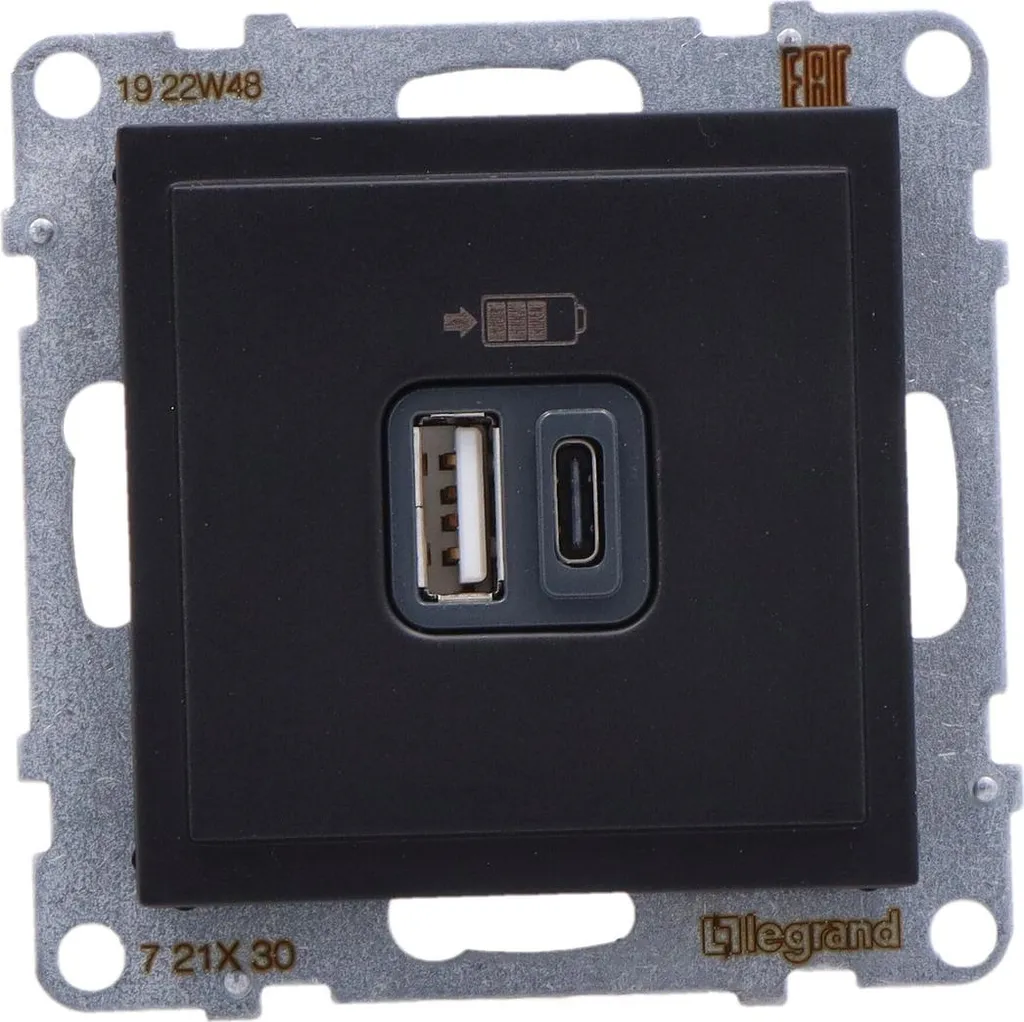 Chargeur USB Mural 3A Suno Noir - Prise Double USB-C et USB-A 5V