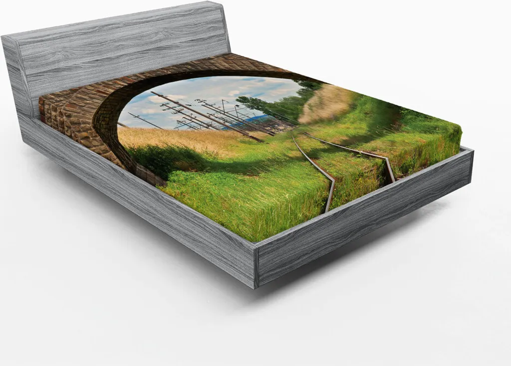 Drap-housse 180x200 paysage pour lit double motif nature et voie ferrée