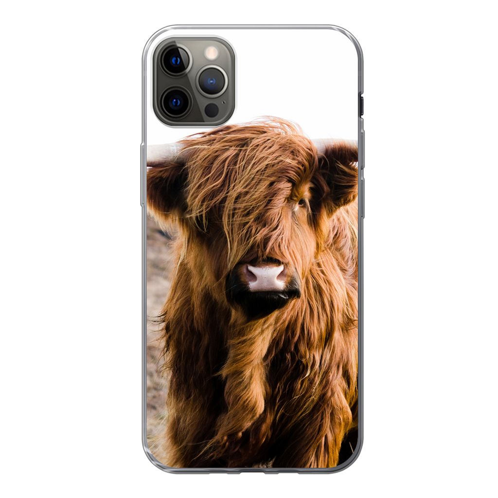 MuchoWow Handyhülle Schutzhülle Hülle für iPhone 12 Pro Max Schottische Highlander - Landschaft - Kuh - Braun - Tiere - Natur Silikon Softcas...