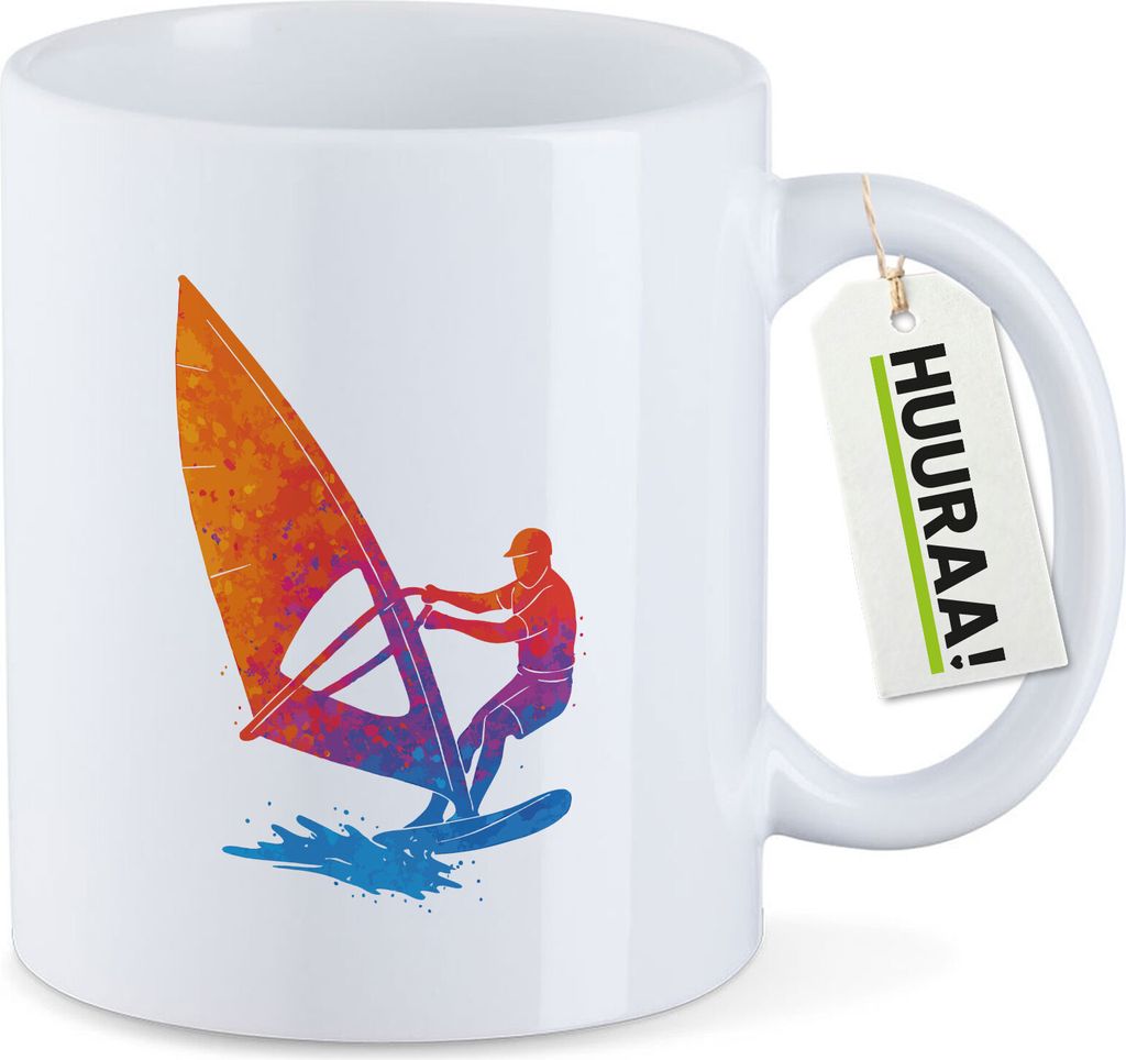 Huuraa Kaffeetasse Windsurfen bunte Silhouette 330ml Weiß Keramik Kaffeebecher Geschenkidee