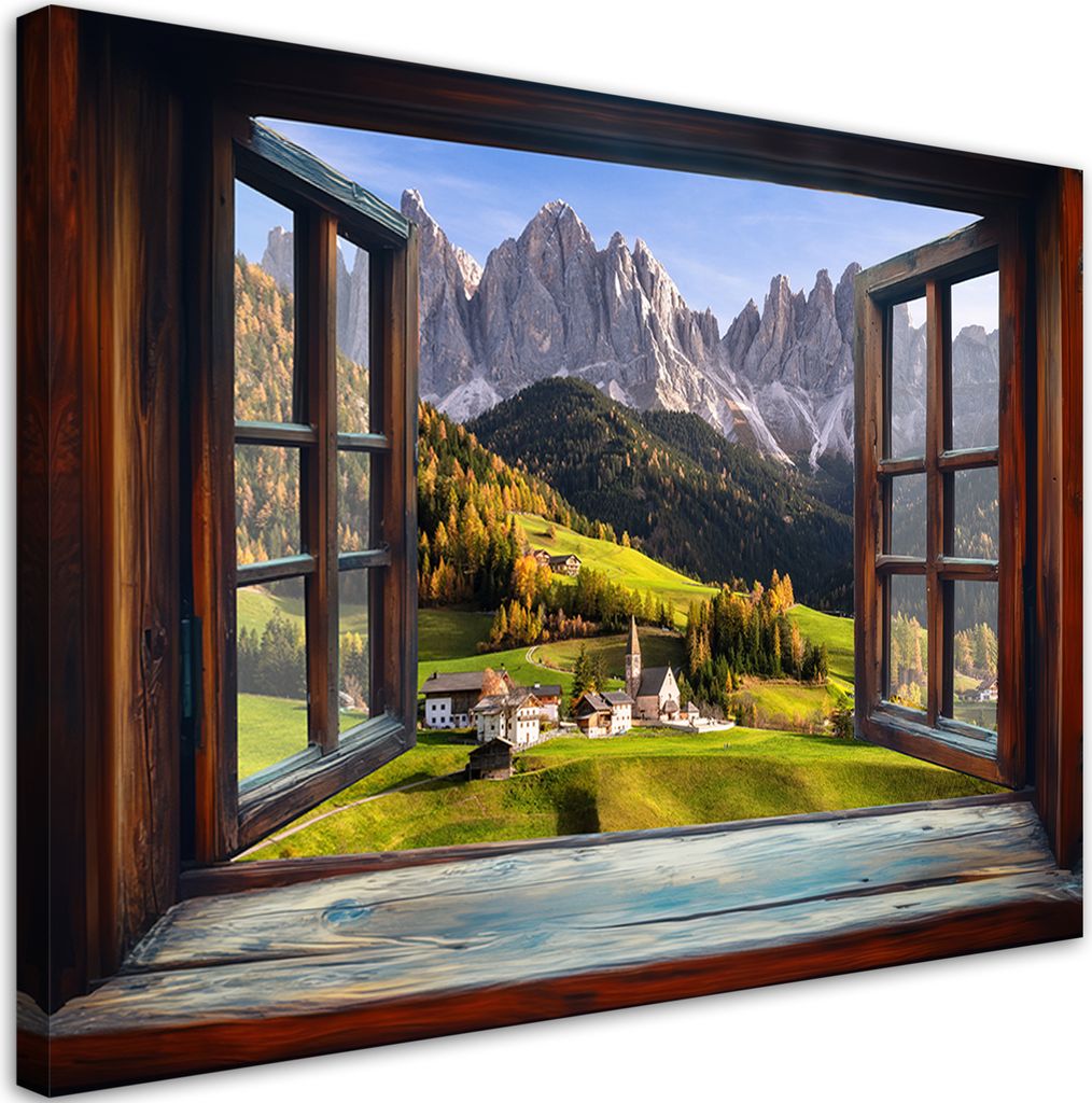 Leinwandbild Blick aus dem Fenster Berglandschaft Natur 120x80 Feeby Braun bild für die wand bereit zum aufhängen