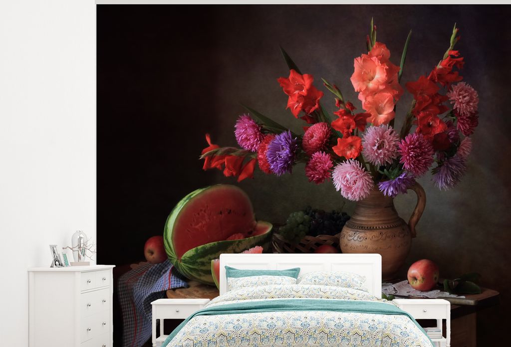 MuchoWow Fototapete für Wohnzimmer oder Schlafzimmer Wandtapete Vinyl Motivtapete Obst - Stillleben - Farben - 275x220 cm - Gemustert