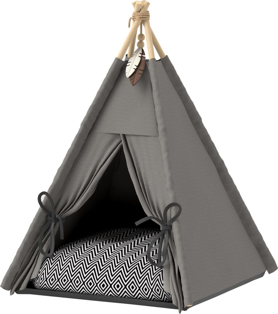 Tipi-Zelt für Haustiere, Tierbett im Tipi-Design, Katzenzelt mit Kissen, Hundebett zum Schlafen, Katzenbett, Grau