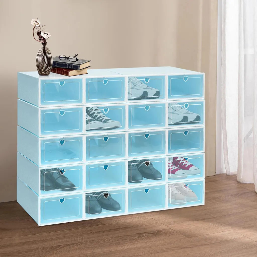 Organisateur de Dressing : 20 Boîtes de Rangement Chaussures Bleu PP/ABS