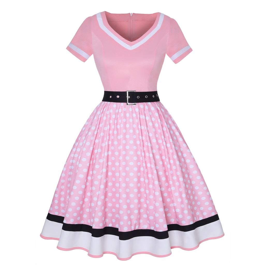 ASKSA Rockabilly Kleider Damen 50er Jahre Vintage Kurzarm V-Ausschnitt Polka Dot Swing Coctailkleid Hochzeit Festlich Knielang Kleid (Rosa,M)