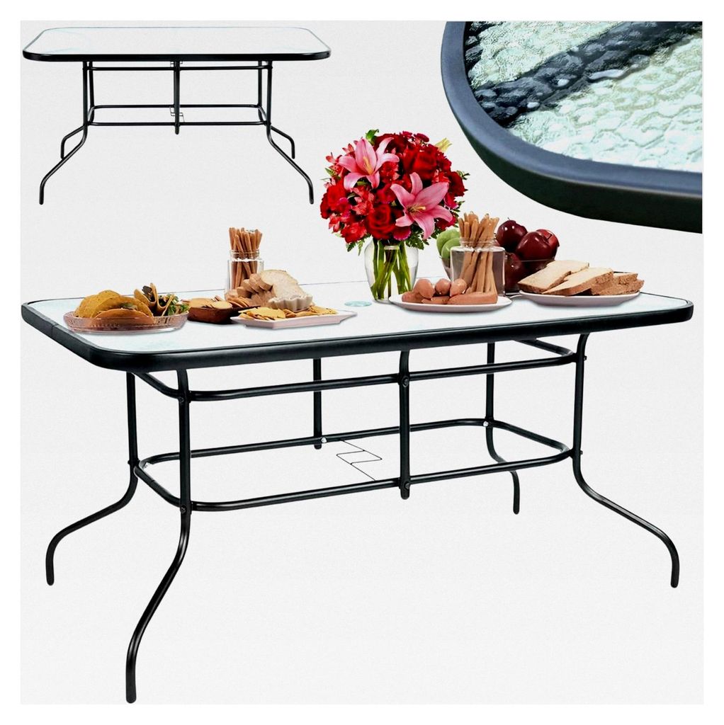 Gartentisch 140 x 80 cm aus Glas - Wetterfester Terrassentisch für Garten, Terrasse und Balkon | 4-6 Personen | Outdoor Esstisch | Schwarz