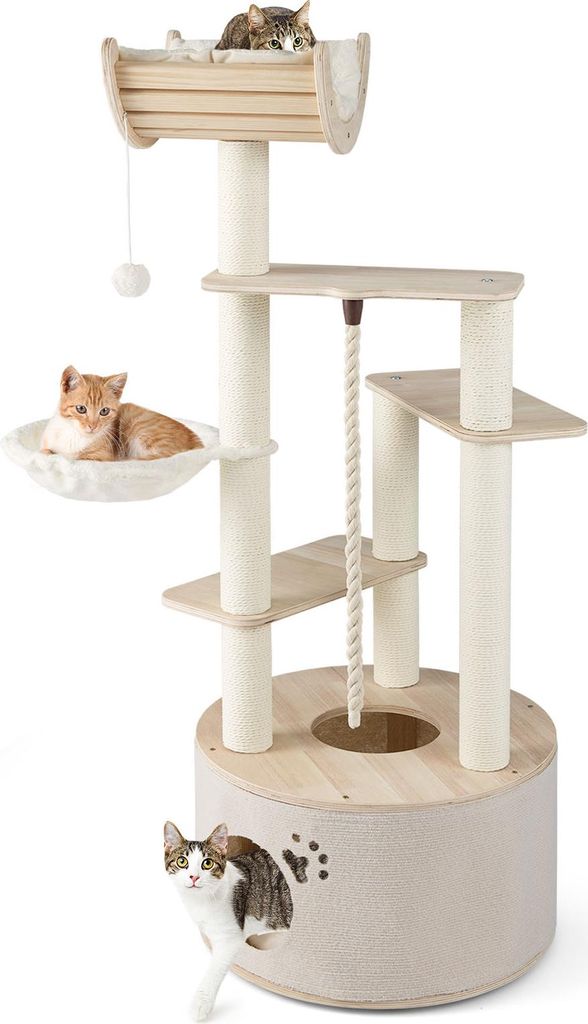 A multi-level cat tree with platforms, a hammock, a scratching rope, and a hideaway.
