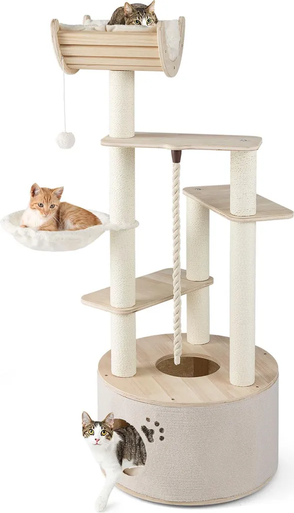 Arbre à Grimper Naturel pour Chat avec Poteaux en Sisal et Grande Niche