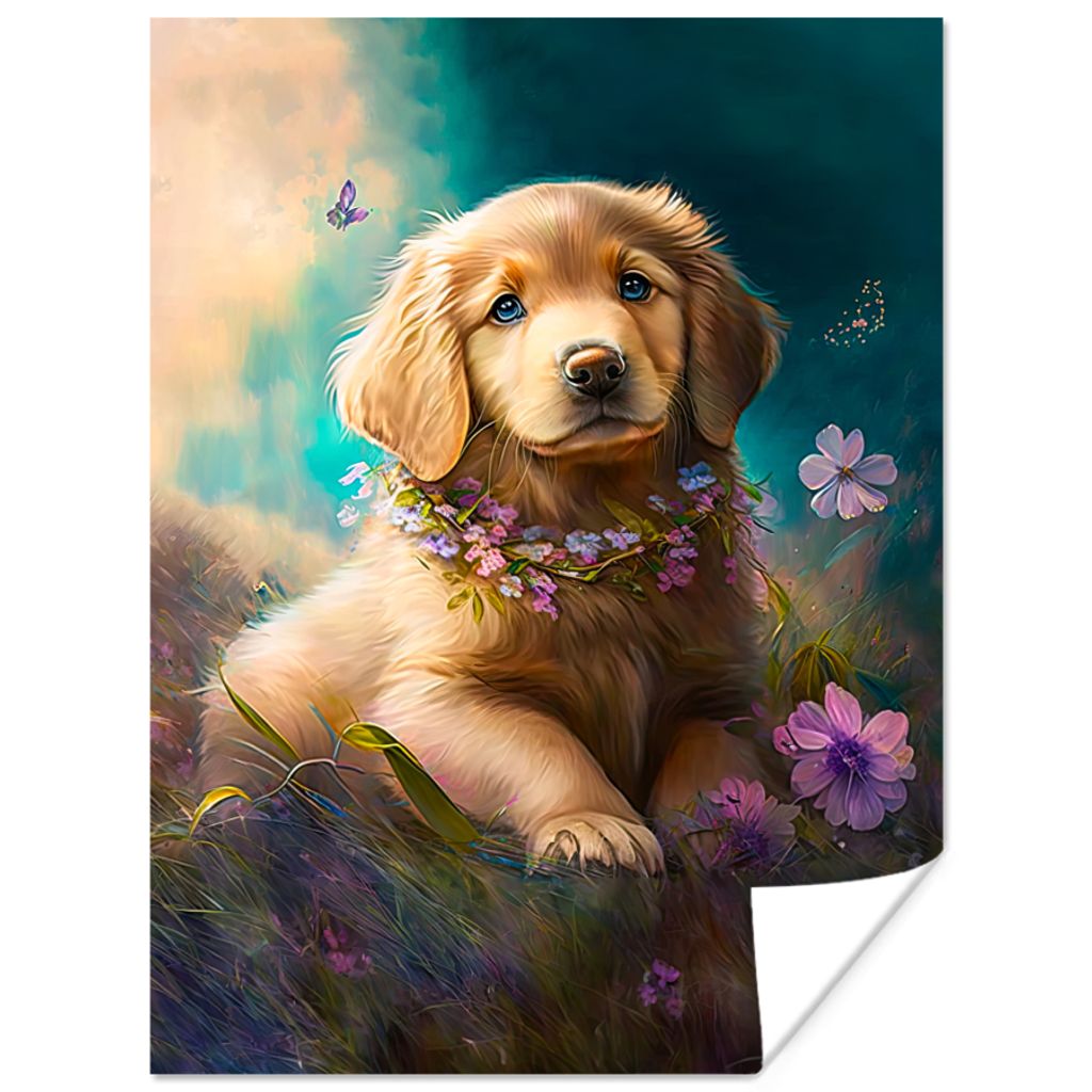 MuchoWow Poster Welpe - Blumenkranz - Schmetterling - Hund - Golden Retriever 30x40 cm - Wandplakat - Poster Kinderzimmer