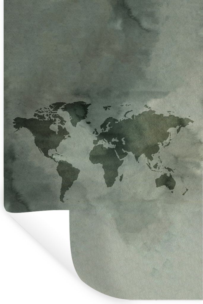MuchoWow Wandtattoo Wandsticker Wandaufkleber Weltkarte - Aquarellfarbe - Grün - Grau 20x30 cm Selbstklebend und Repositionierbar - Sticker - De...