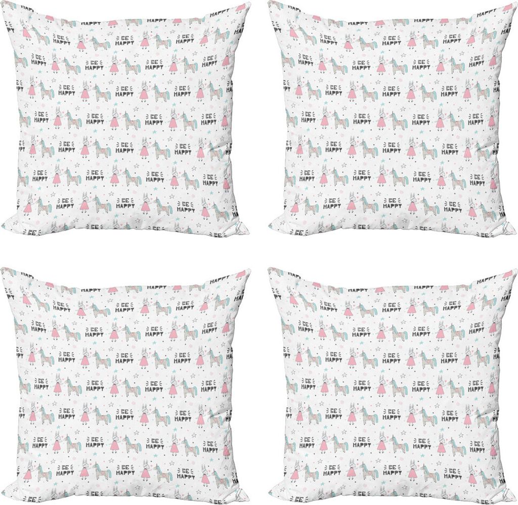 ABAKUHAUS Unicorn-Party Kissenbezug Set (4 Stück), Be Happy Wörter, Moderner Doppelseitiger Digitaldruck, 50 cm x 50 cm, Mehrfarbig