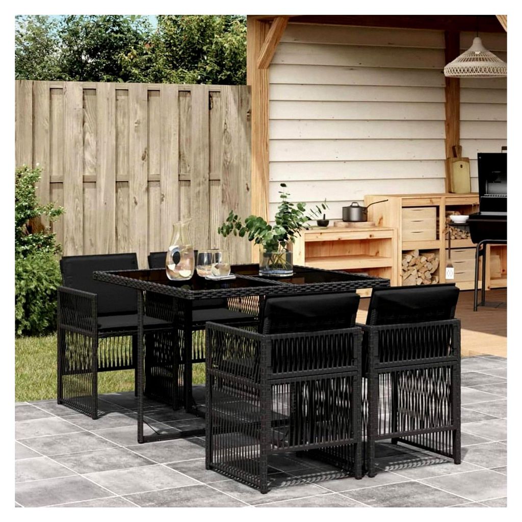 5-teiliges Garten-Essgruppe mit Kissen Schwarz Poly Rattan