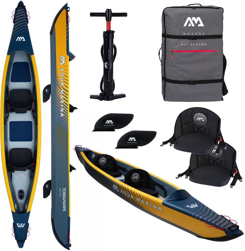 A collage of an inflatable kayak and its accessories, laid out on a white background.