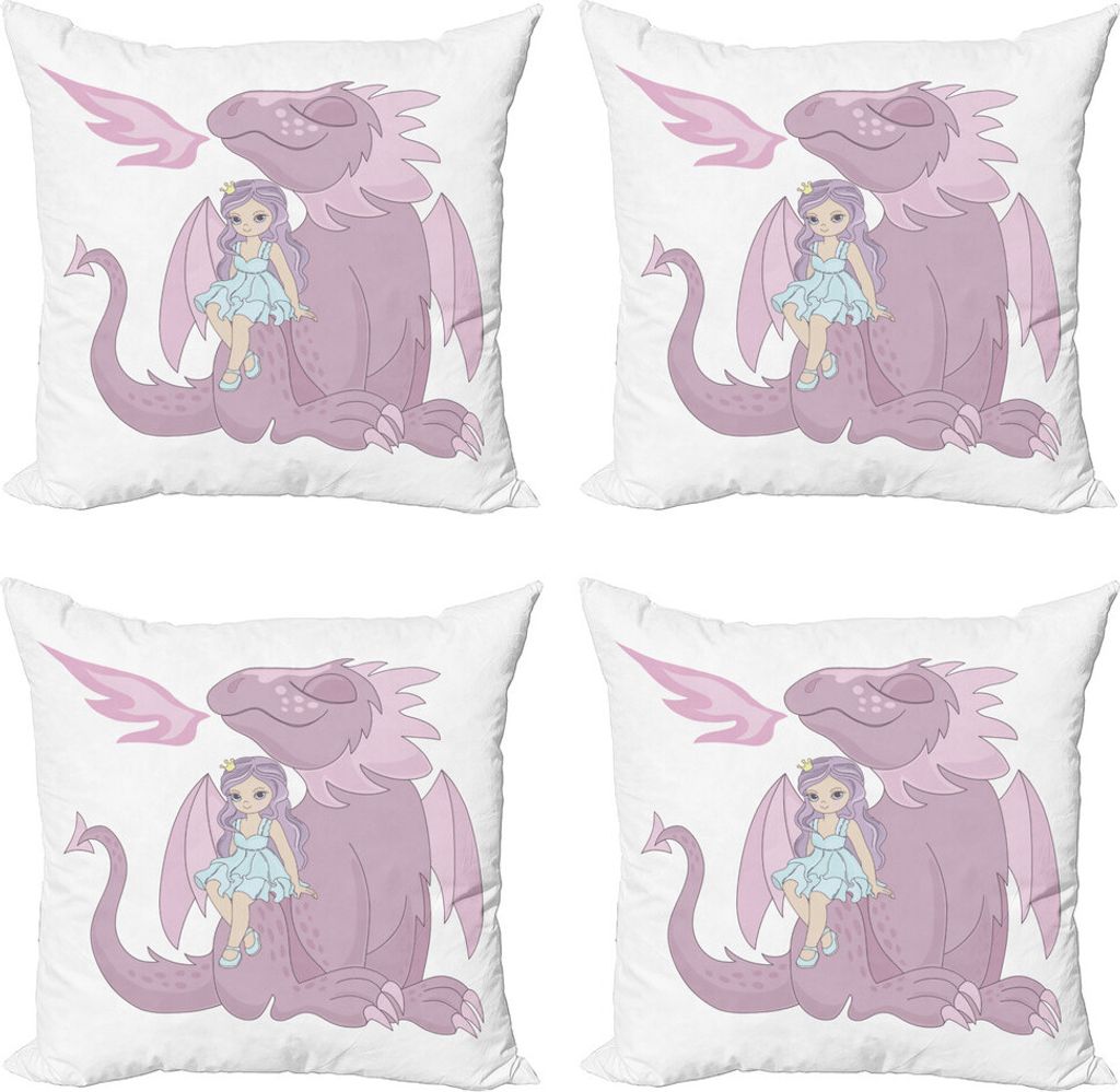 ABAKUHAUS Drachen Kissenbezug Set (4 Stück), Prinzessin Sitzen auf Creature, Moderner Doppelseitiger Digitaldruck, 40 cm x 40 cm, Grau, Rosa, Weiß