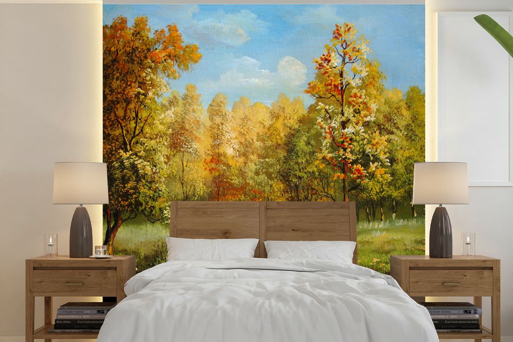 MuchoWow Fototapete für Wohnzimmer oder Schlafzimmer Wandtapete Vinyl Motivtapete Eine Illustration von herbstlichen Bäumen in einem Wald - 240...