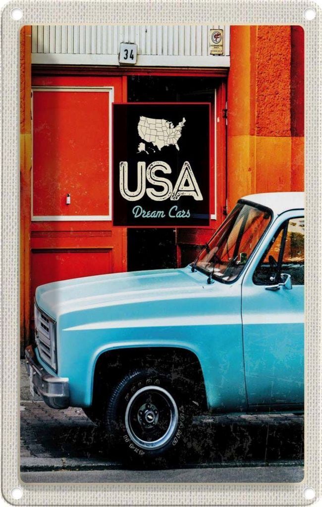 vianmo Blechschild 18x12 cm USA Oldtimer Amerika Urlaub Dram Cars blau Bildmotiv Reisemotiv Abenteuer Reisen