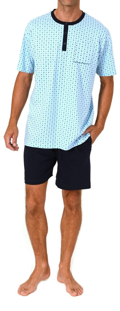 Normann Herren Schlafanzug kurzarm Shorty Pyjama aus 100 % Baumwolle – auch in Übergrößen ; hellblau , 48