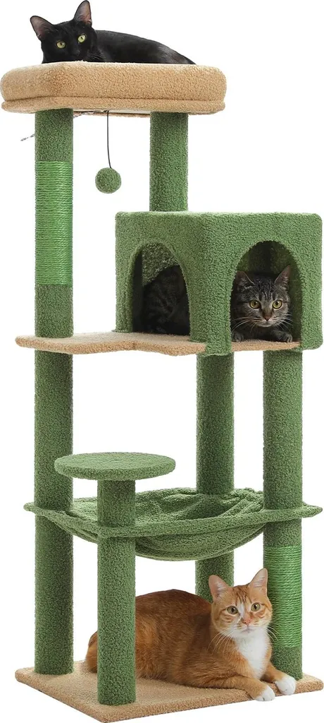 Arbre à chat 5 niveaux avec condo doux et hamac relaxant, modèle Vert S