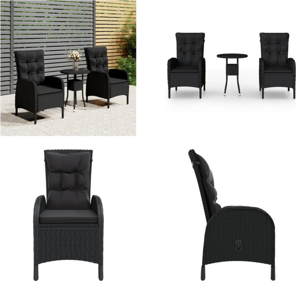 vidaXL 3 tlg. Garten Bistro Set Poly Rattan Schwarz - Bistro-Set - Bistro-Sets - Garten-Bistro-Set - Terrassenmöbel-Set