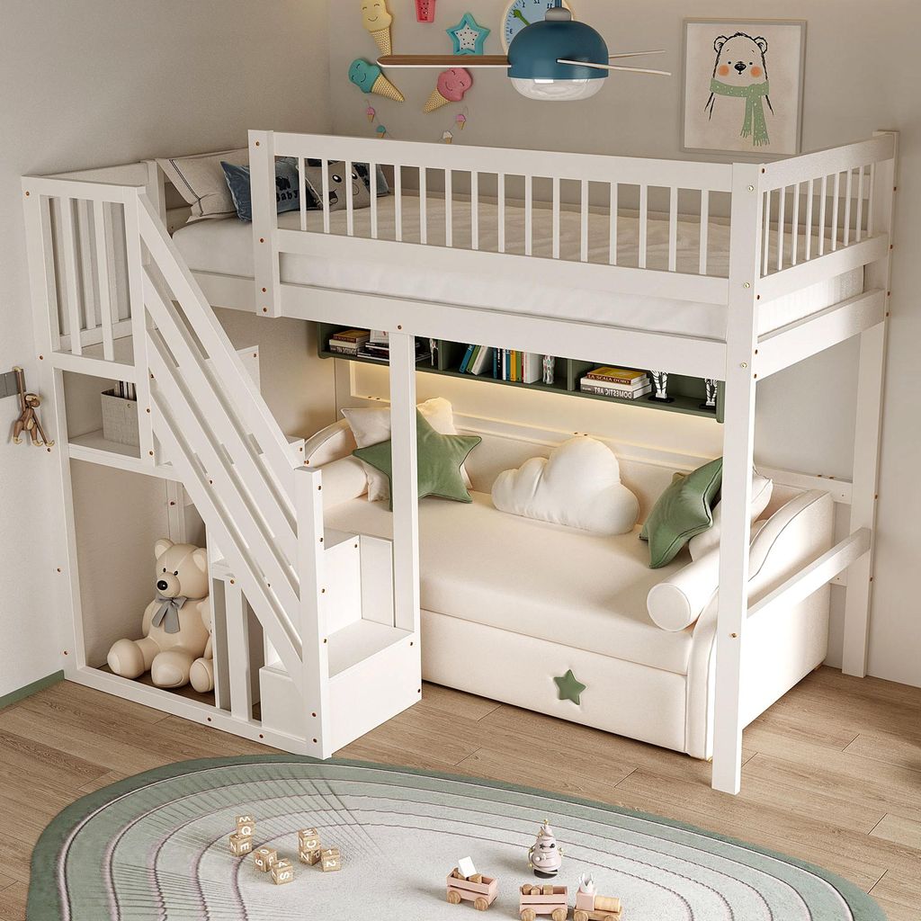 Flieks Etagenbett 90x200cm mit Rausfallschutz, Kinderbett Hochbett mit Treppe und Stauraum, Einzelbett Holzbett Stockbett mit Lattenrost, Weiß