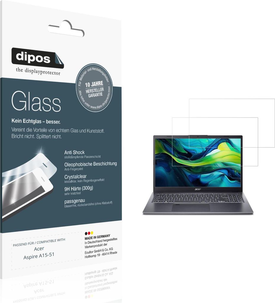 2x Schutzfolie für Acer Aspire A15-51 - Anti-Shock 9H Folie dipos Glass Kunststoffglas