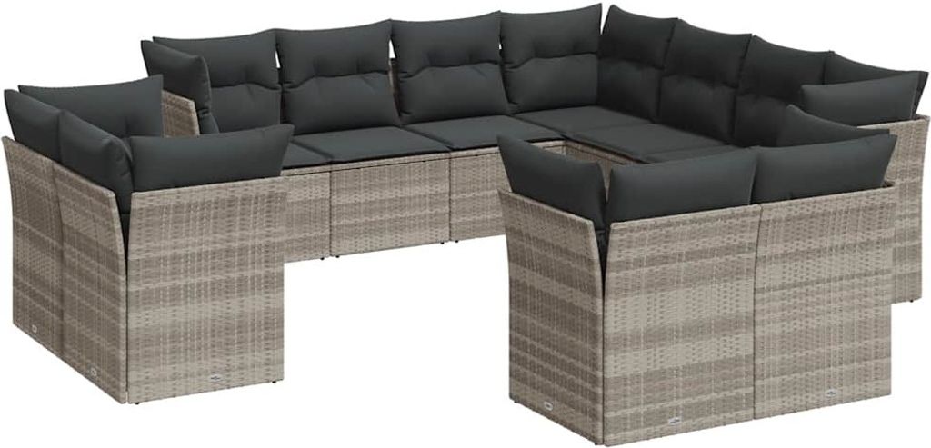 vidaXL 11-tlg. Garten-Sofagarnitur mit Kissen Hellgrau Poly Rattan