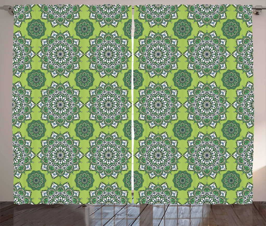 ABAKUHAUS Lime Green Tenda rustica, mandala marocchino, tenda con passanti e ganci per camera da letto, 280 x 175 cm, verde felce bianco