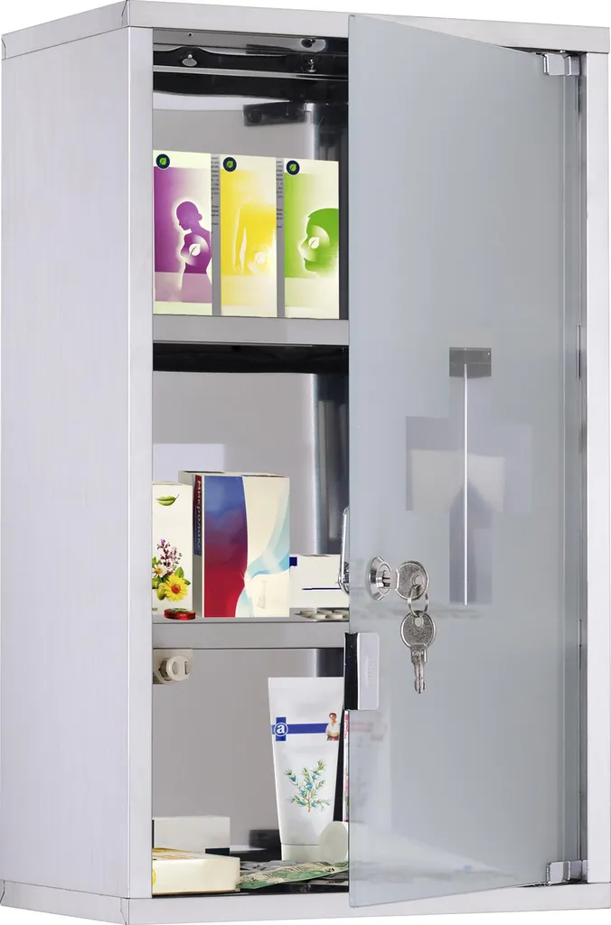 Armoire médicale murale inox 3 niveaux avec porte en verre et serrure à clé