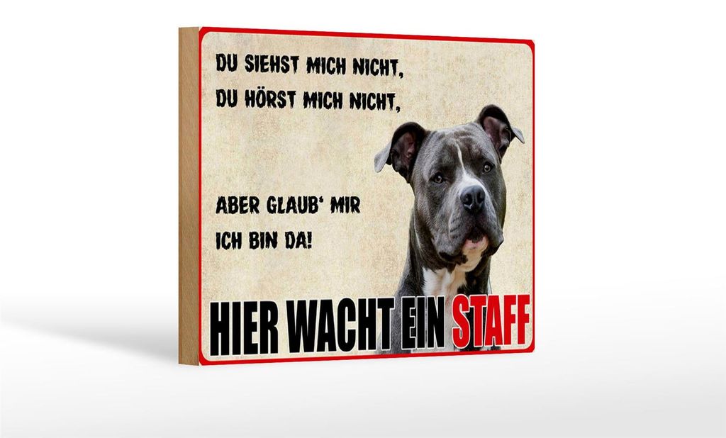 Holzschild Hinweis 18x12 cm Hund Hier wacht ein Staff