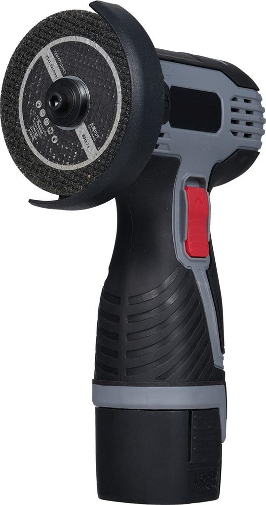 A cordless angle grinder is shown against a white background.