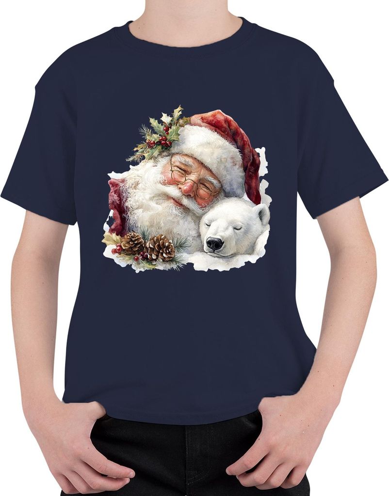 Weihnachtsmann Eisbär Tannenzapfen Weihnachten Aquarell Vintage Uni Kinder T-Shirt, Navy, 116