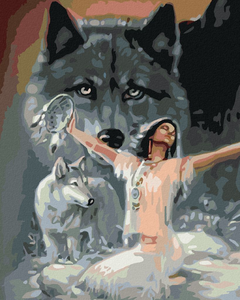 Diamondi - Diamond painting - TANZENDE INDIANERIN MIT WOLF, 40X50 cm, mit Keilrahmen (bereits gespannt)